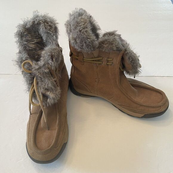 Lands' End Brown Suede Leather Faux Fur Winter Ankle Boots Womens 7.5B Moccasin - Picture 9 of 13